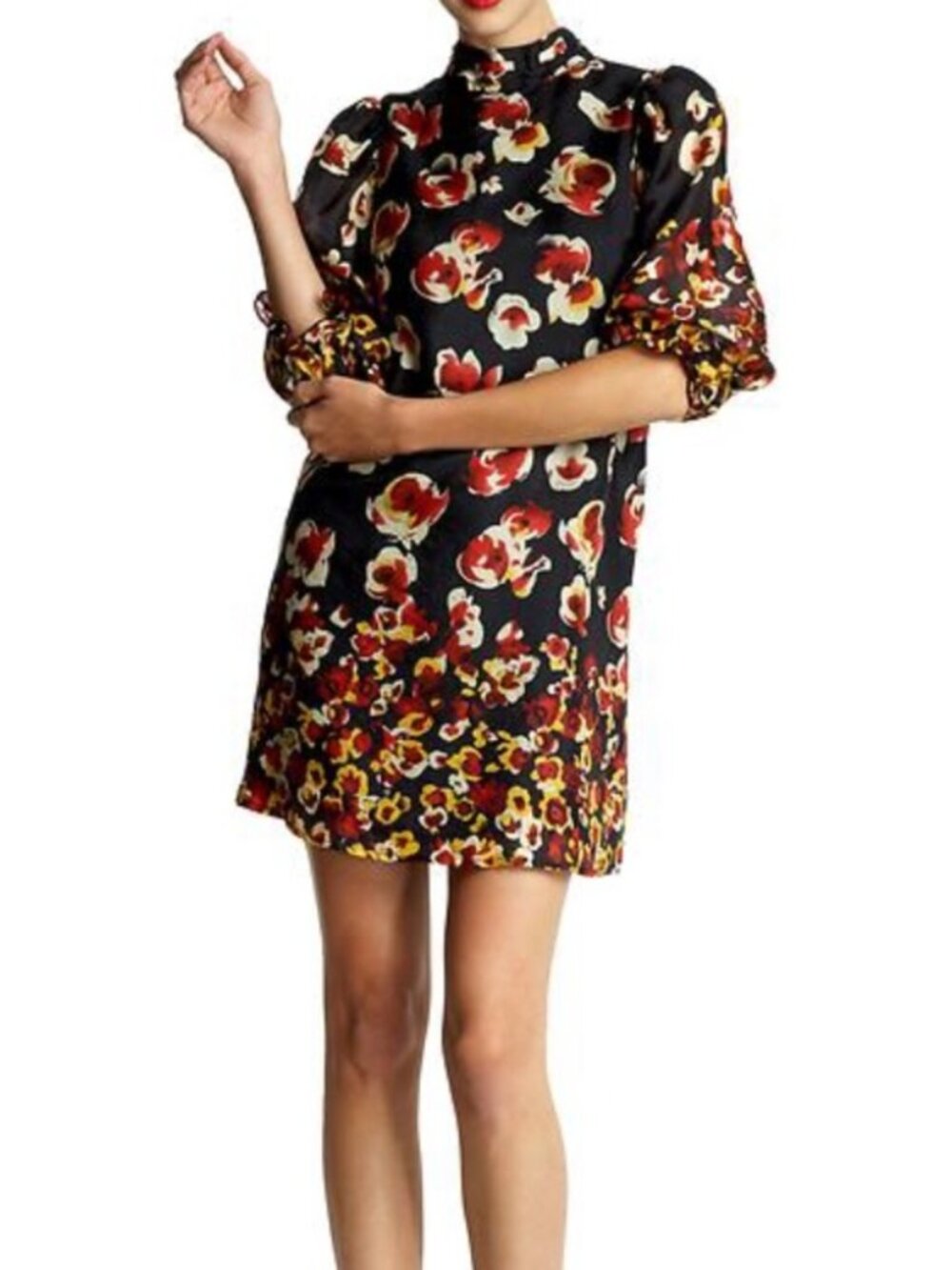 Aryn K Black Dark Floral Shift Silk Mini Dress Red Yellow Accents Size M